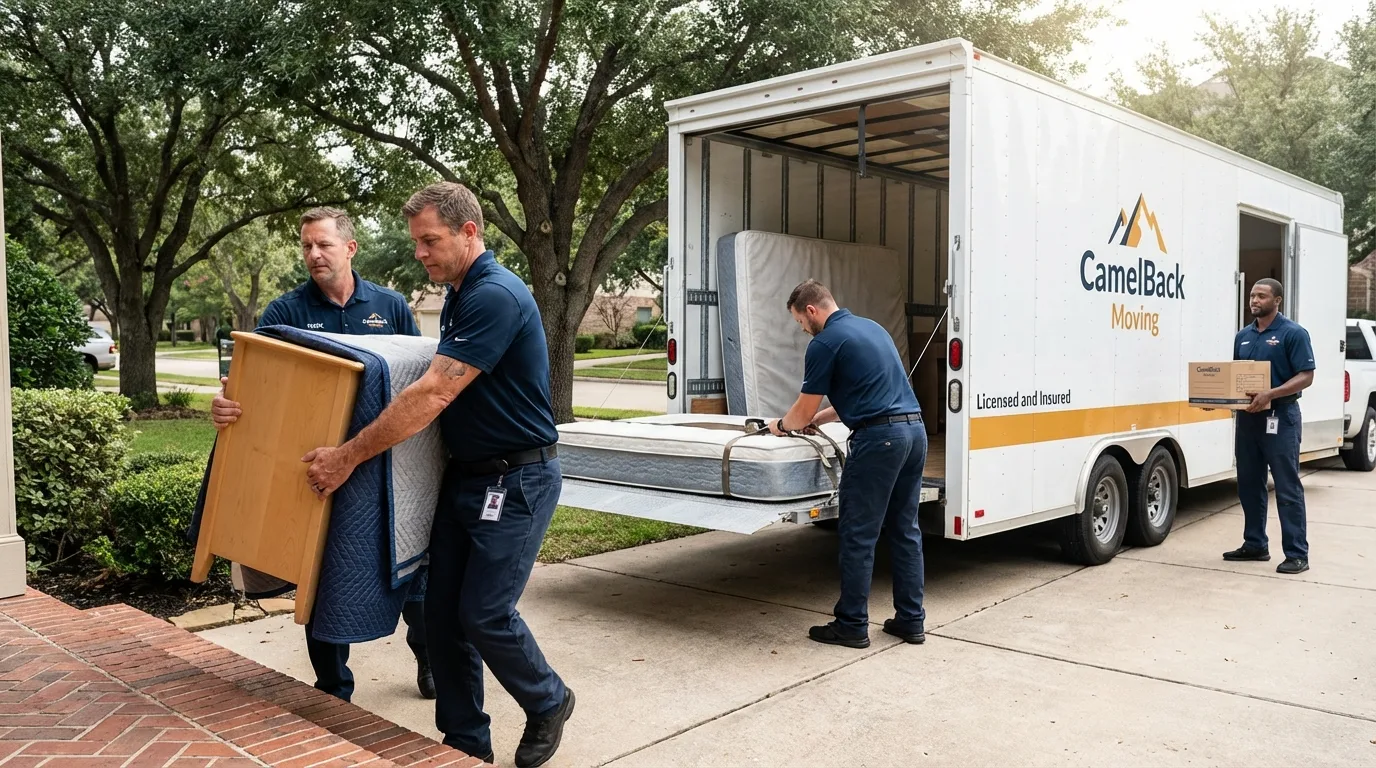 Crew loading residential truck for cross-state move from Pecatonica, IL