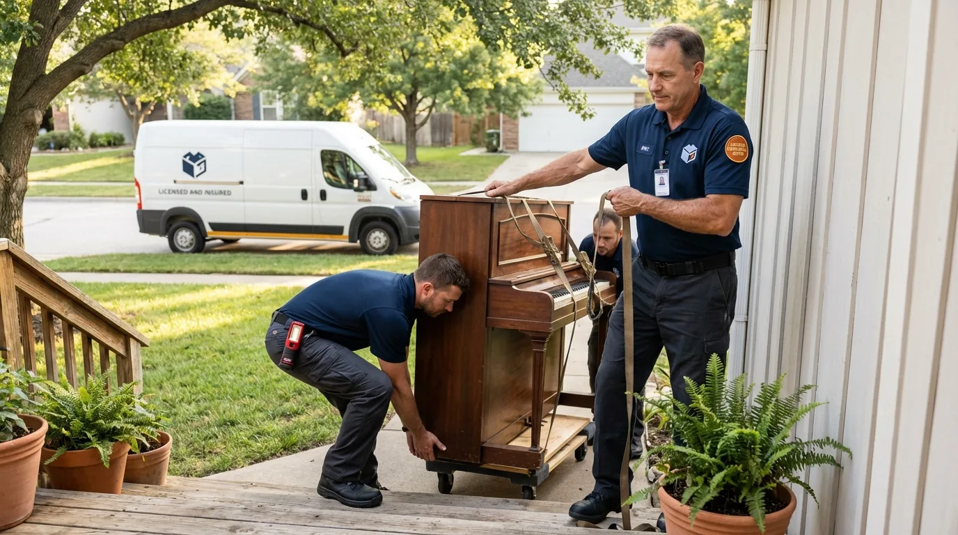 Licensed piano movers securing grand piano in Pecatonica, IL