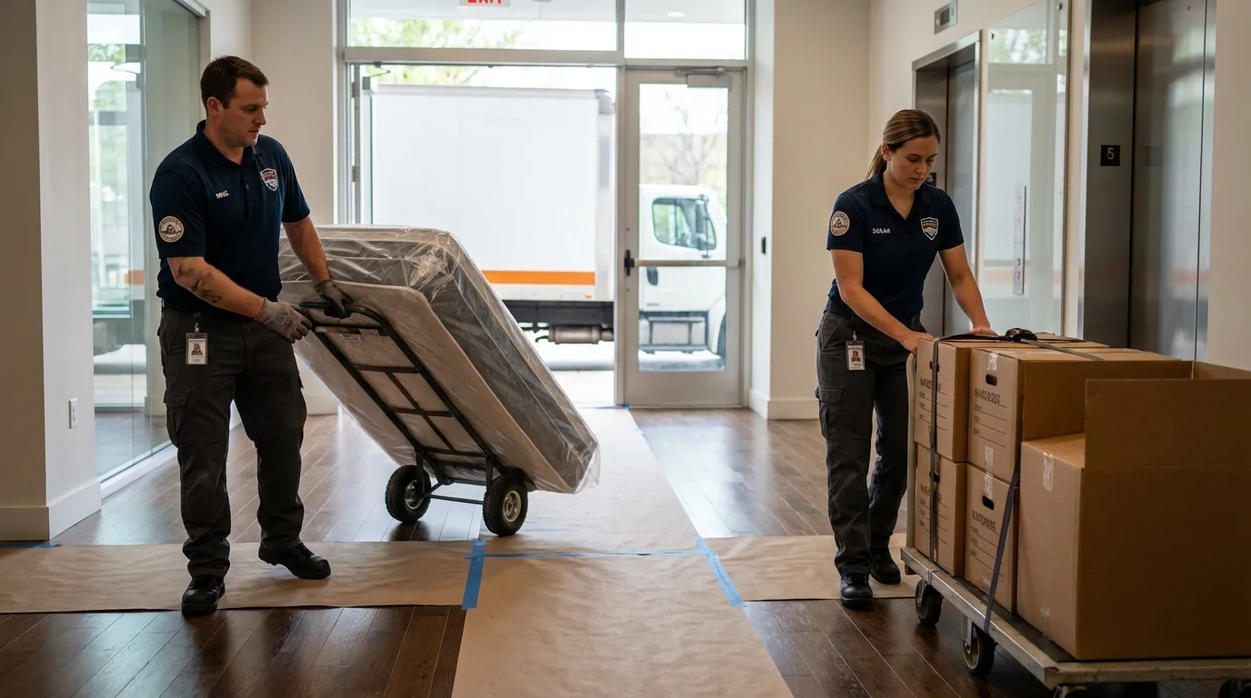 Professional apartment movers loading elevator in Pecatonica, IL